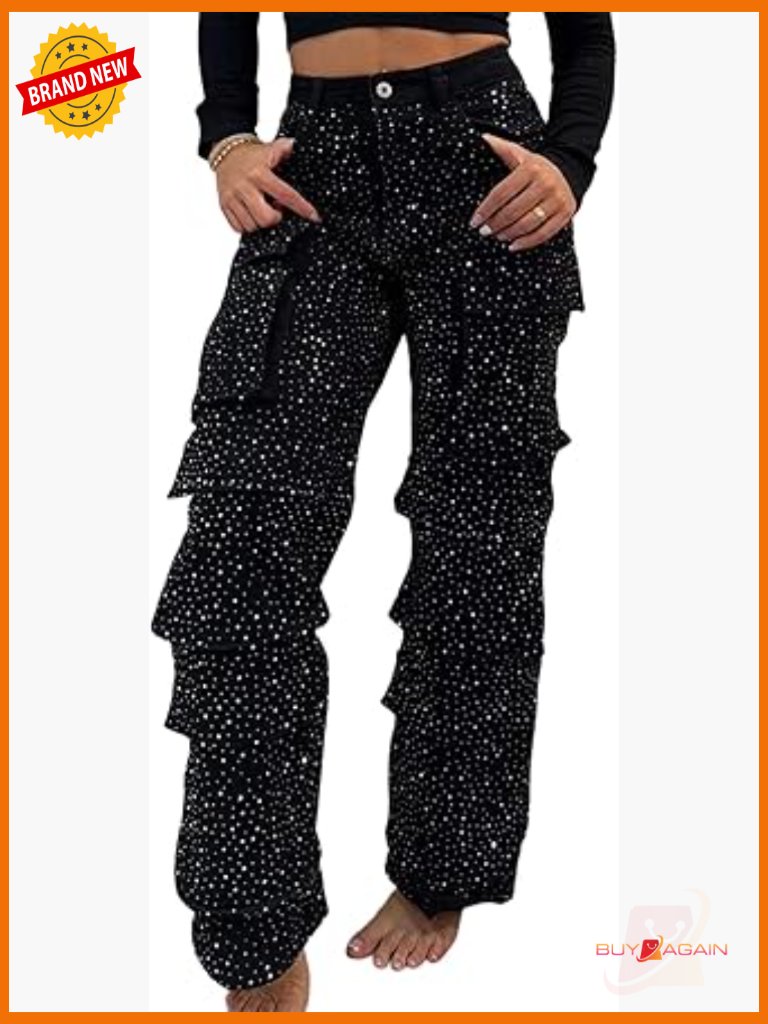 Rhinestone Cargo Jeans Baggy High Waisted Wide Leg Sparkly Denim Pants Stretch